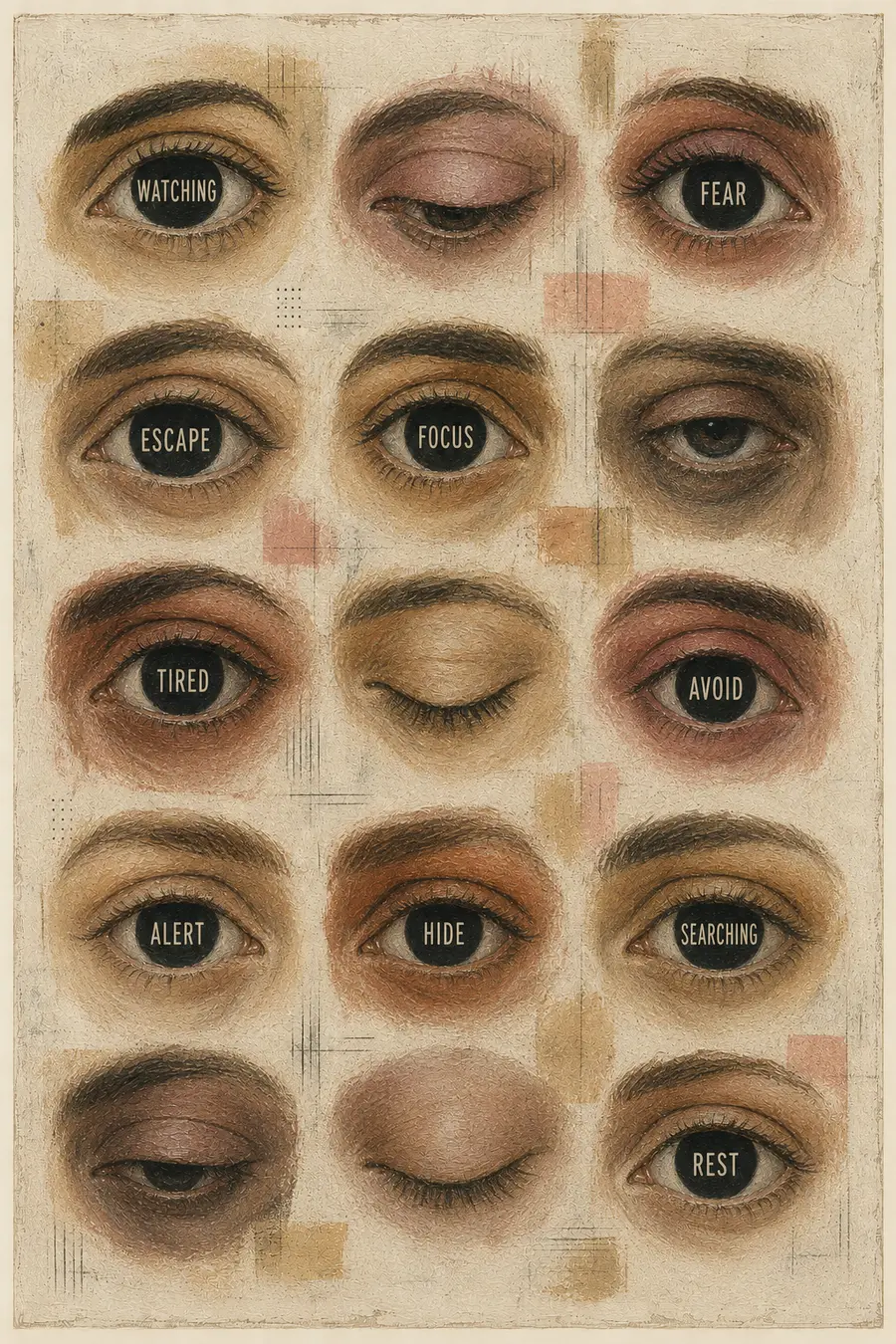 Rows of painted eyes expressing watchfulness, fear, fatigue, avoidance, and rest