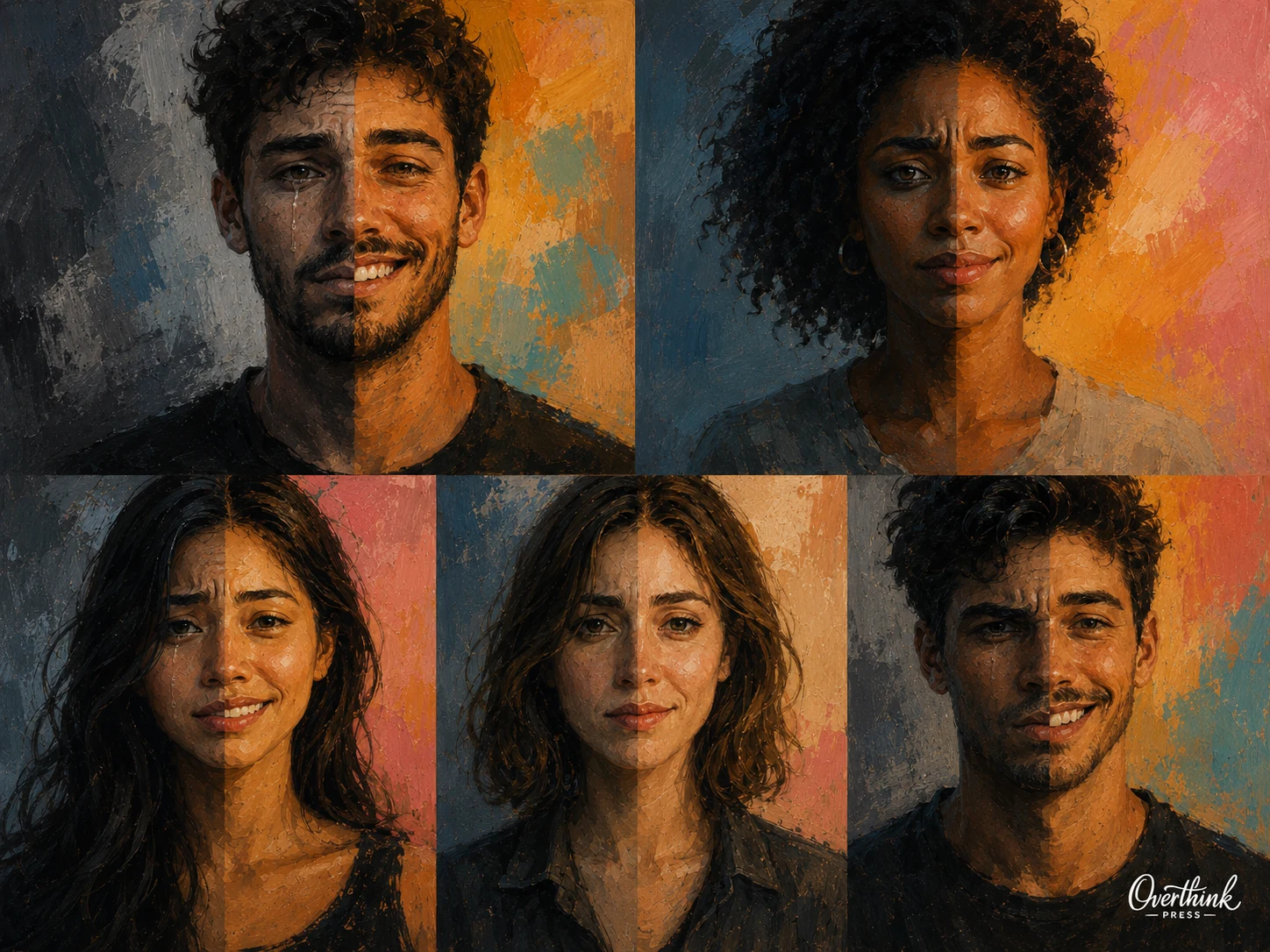 Five painted portraits showing half sad and half happy expressions, representing emotional contradiction