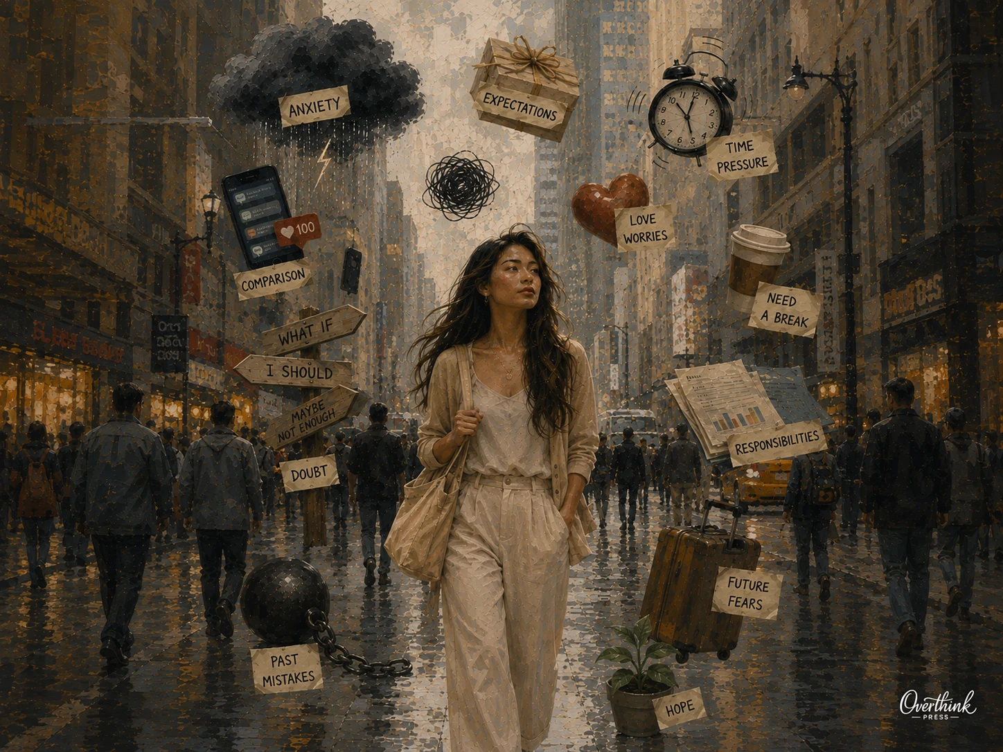 A woman standing under an umbrella while stressors such as bills, missed calls, deadlines, and emails rain around her