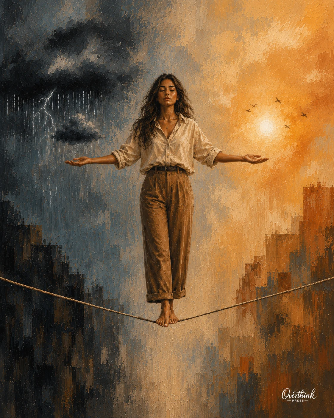 A woman balancing barefoot on a tightrope between a dark storm and a warm bright sky