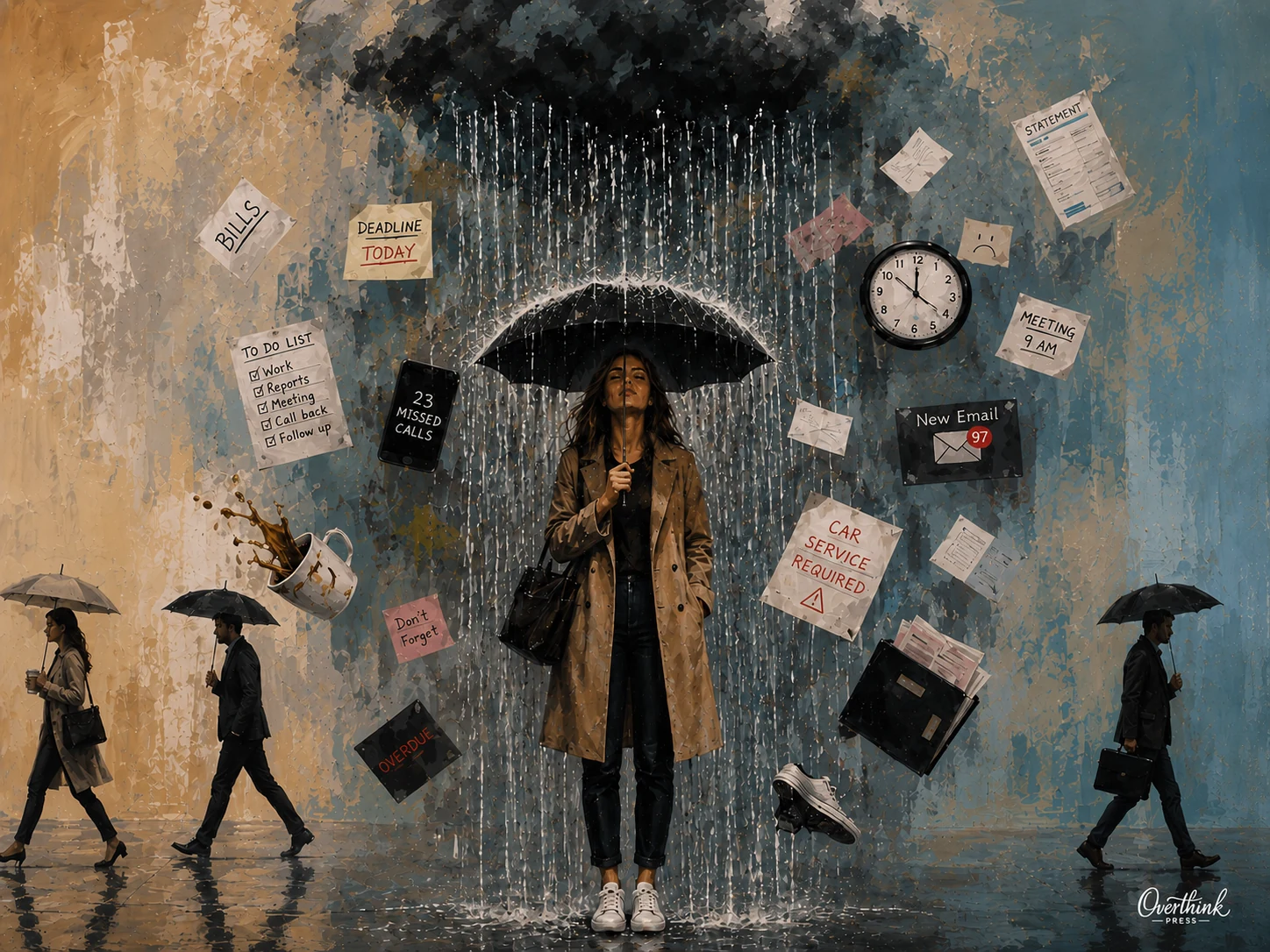 A woman walking through a busy city while symbols of anxiety, time pressure, doubt, hope, and responsibility surround her