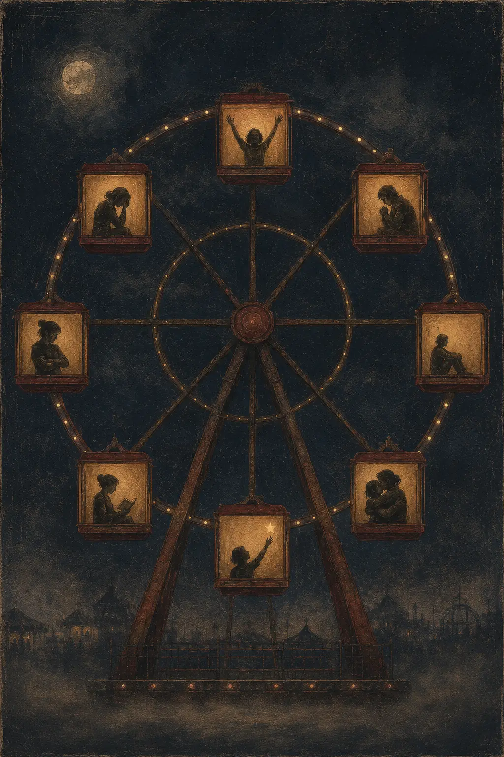A Ferris wheel at night with eight illuminated cabins showing different private emotions