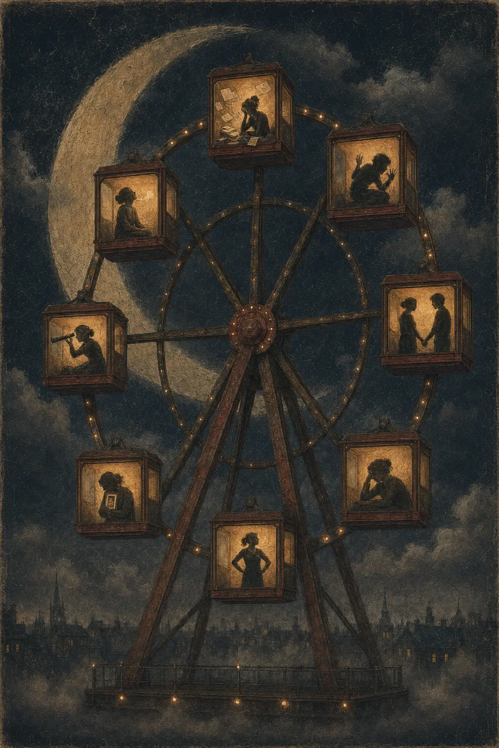 A moonlit Ferris wheel with eight cabins containing distinct emotional scenes