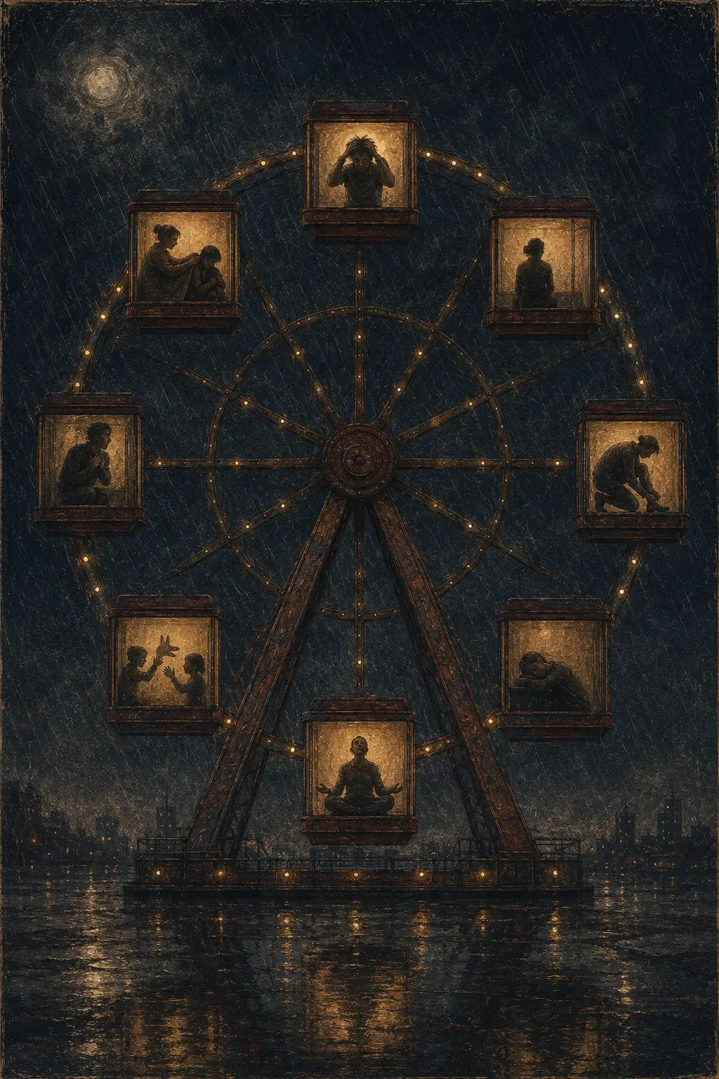 A Ferris wheel glowing through rain with eight emotional vignettes inside its cabins
