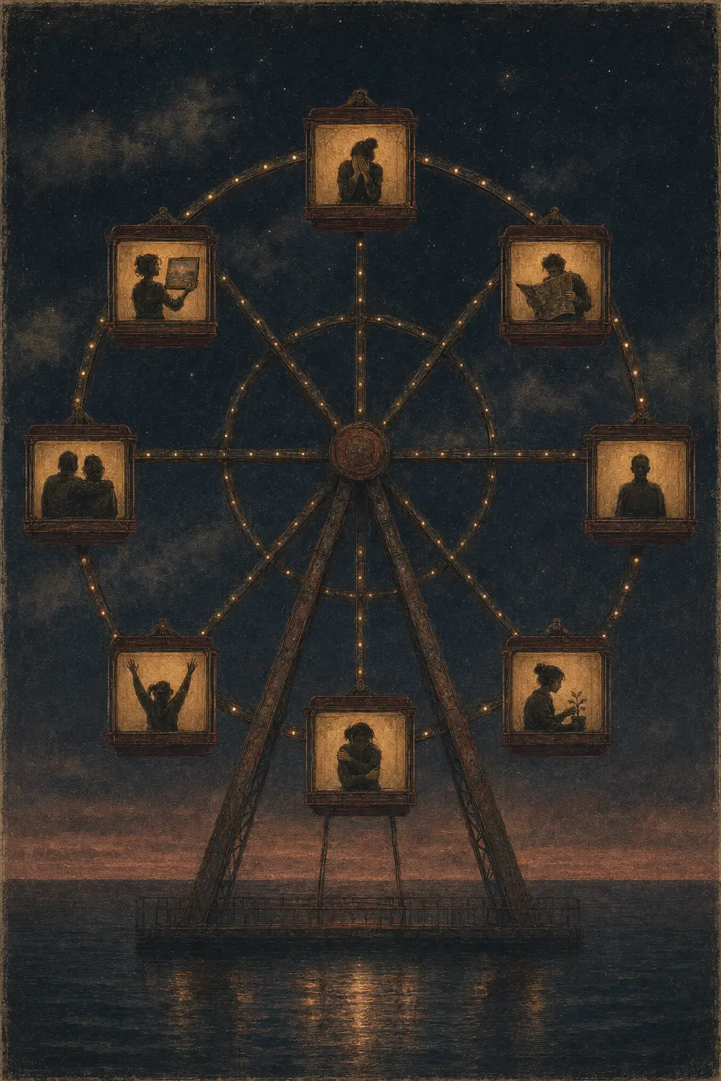 A nighttime Ferris wheel with eight enclosed cabins showing what people carry emotionally