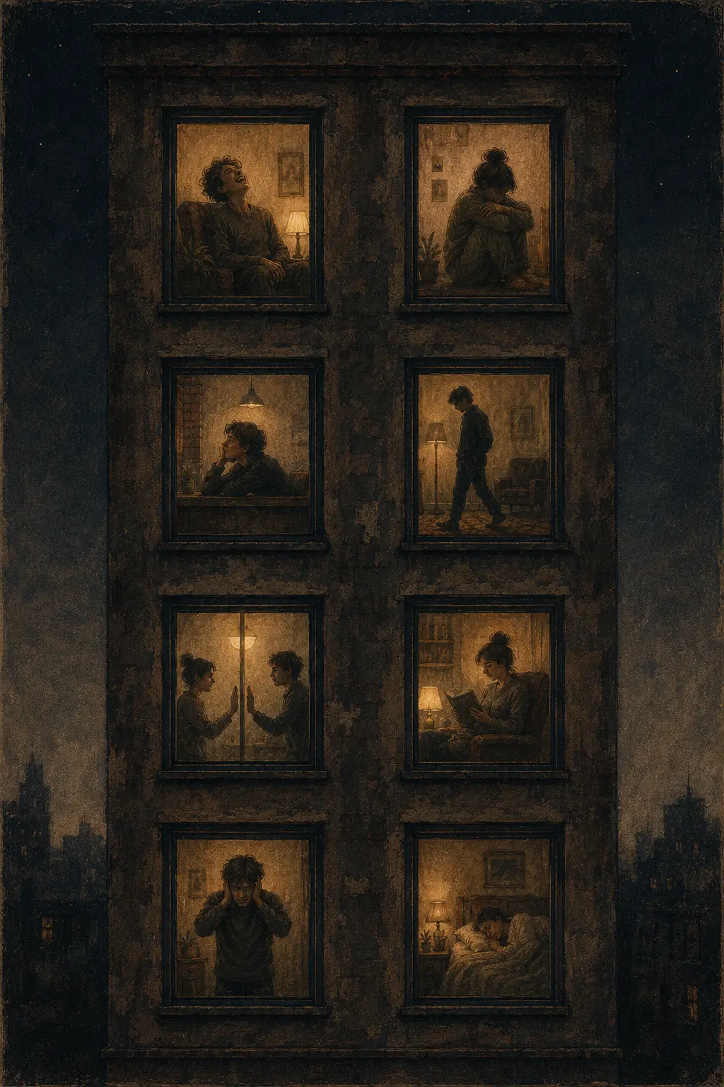 A nighttime building with illuminated rooms revealing different emotional lives