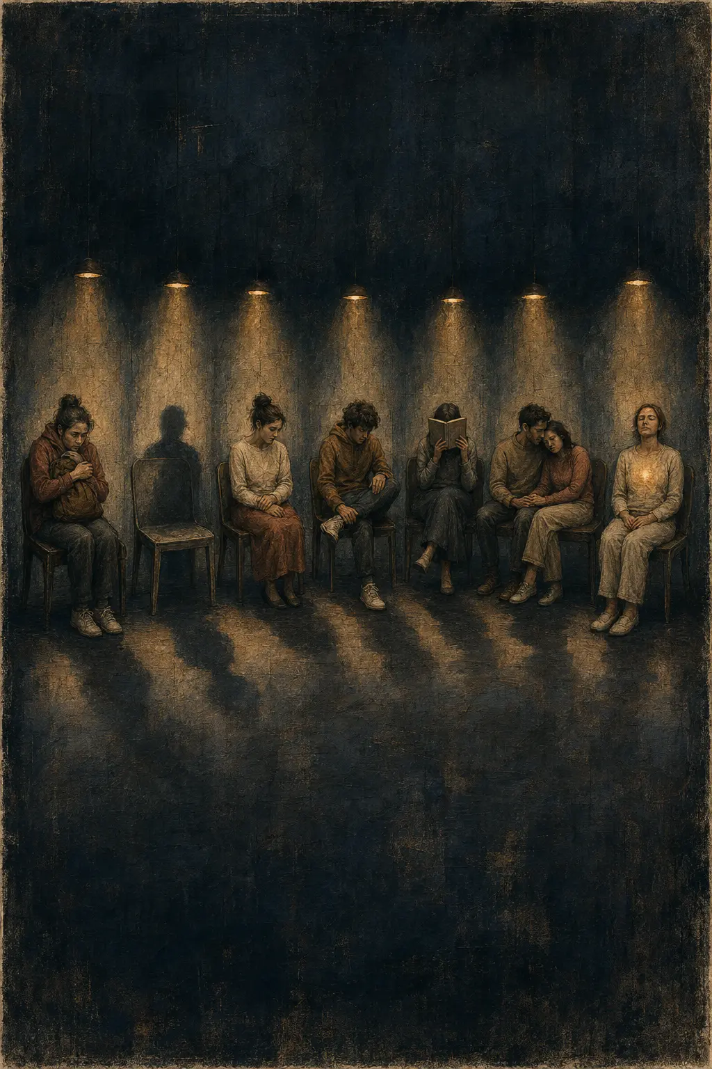 People waiting in a dim internal waiting room, each coping in a different way