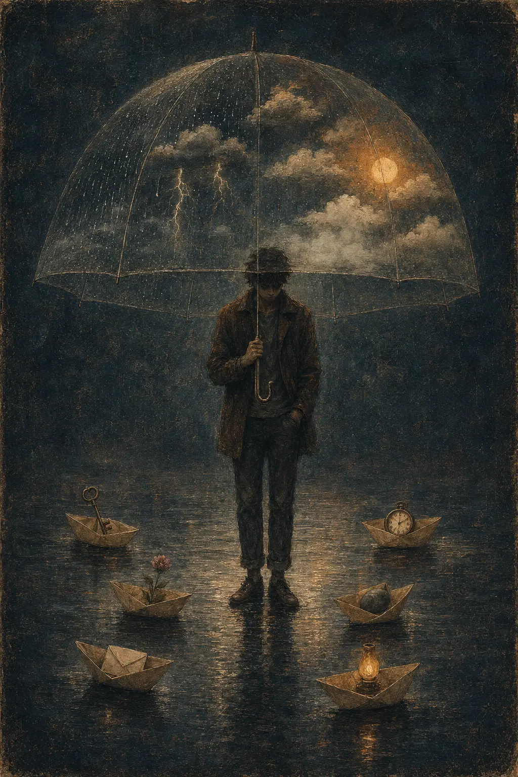 A person beneath an umbrella surrounded by several kinds of emotional weather