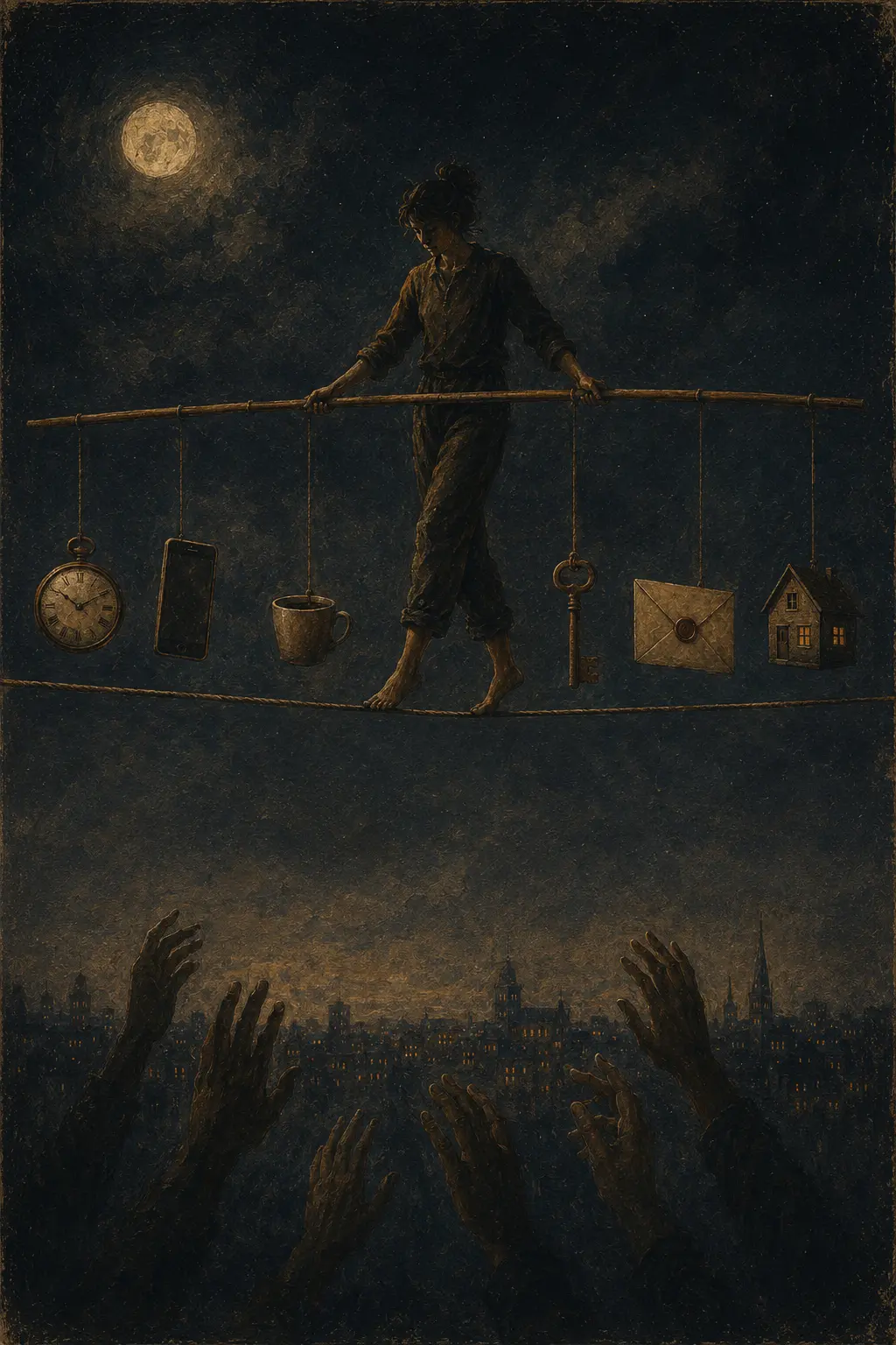 An acrobat balancing ordinary objects that have become emotionally heavy