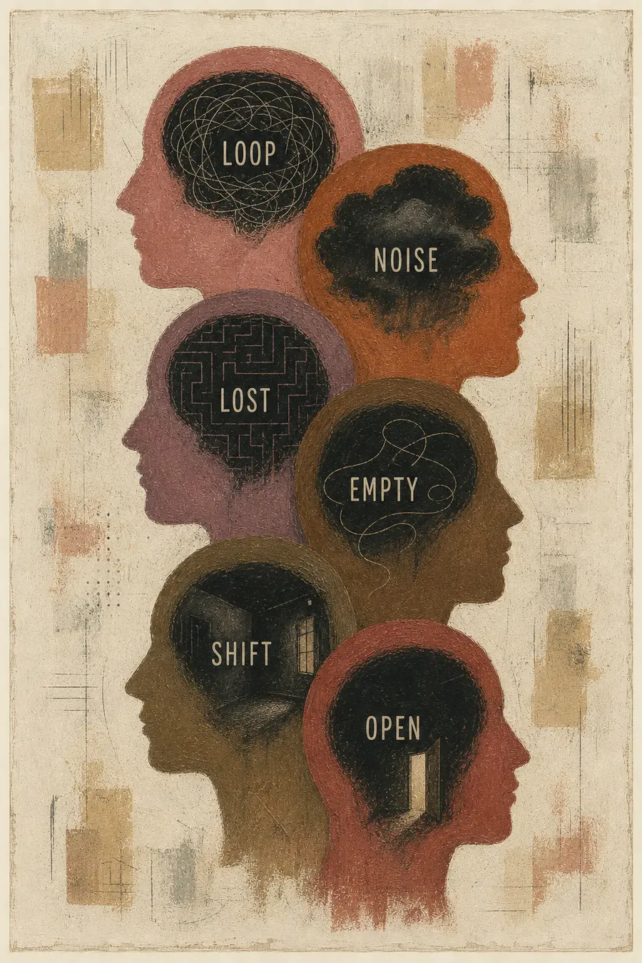 Layered painted profiles containing loops, noise, lostness, emptiness, shifts, and openings