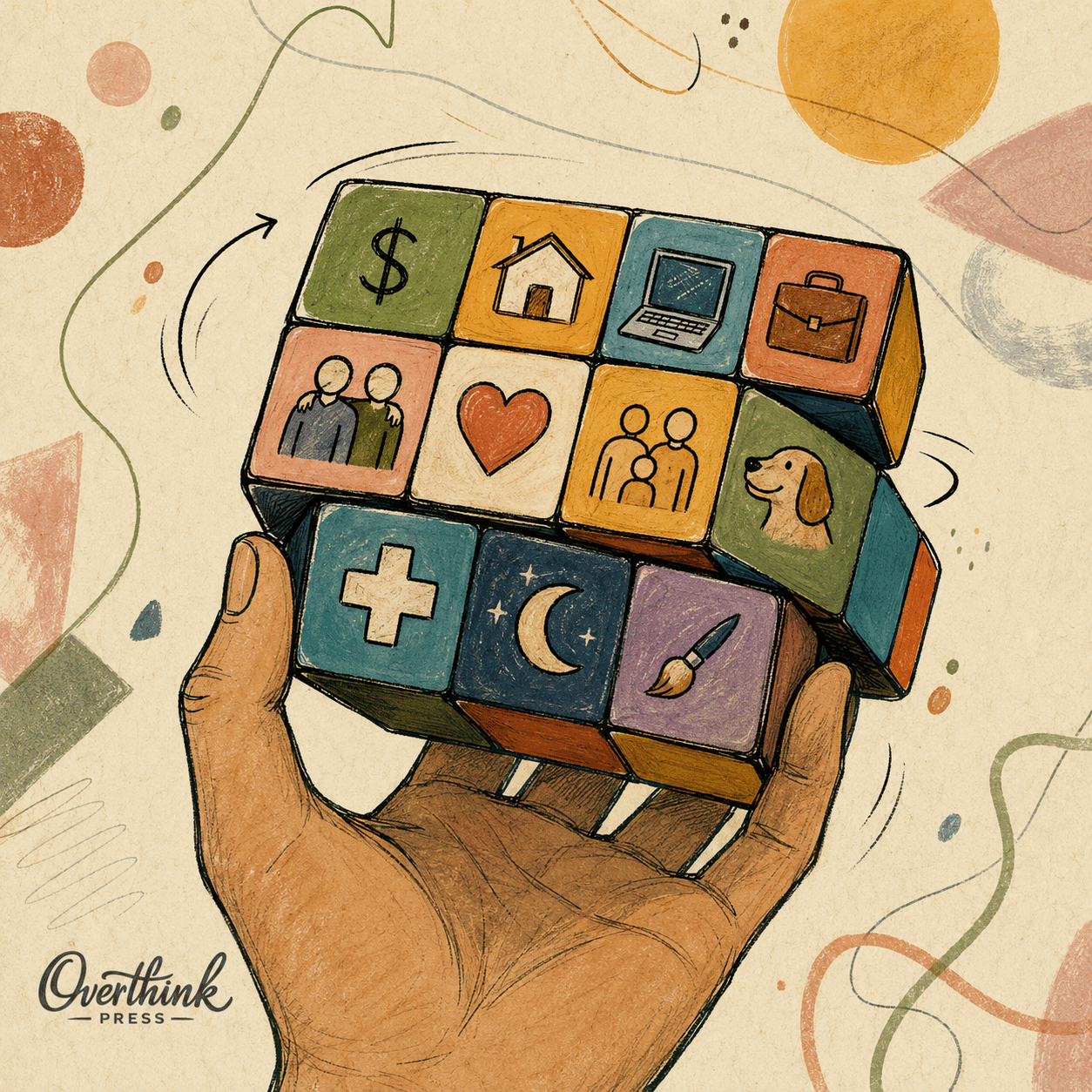 An illustrated hand holding a cube whose tiles represent money, home, work, family, love, health, rest, pets, and creativity