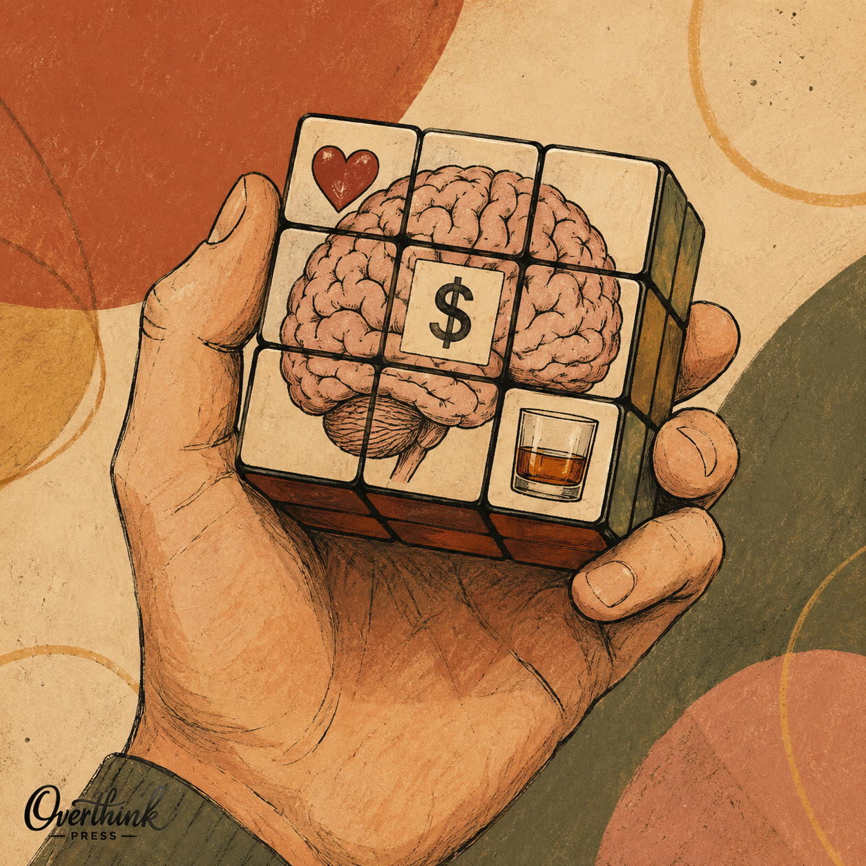 An illustrated hand holding a cube that forms a brain, interrupted by heart, money, and whiskey symbols