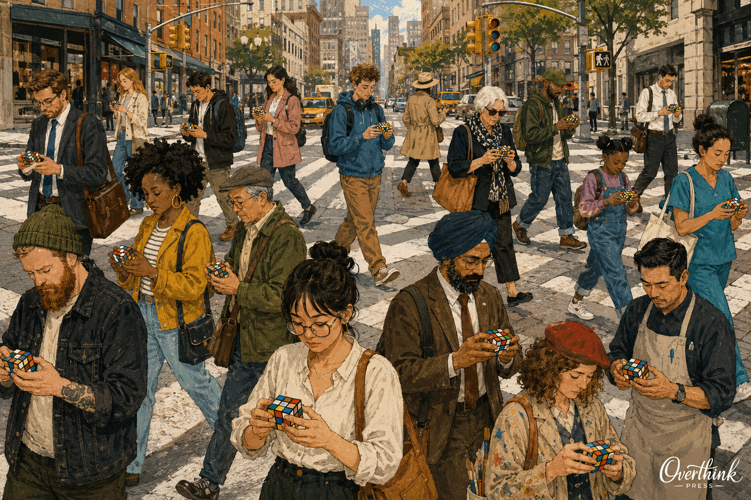 A diverse crowd walking through a busy city while each person studies and turns a Rubik's Cube