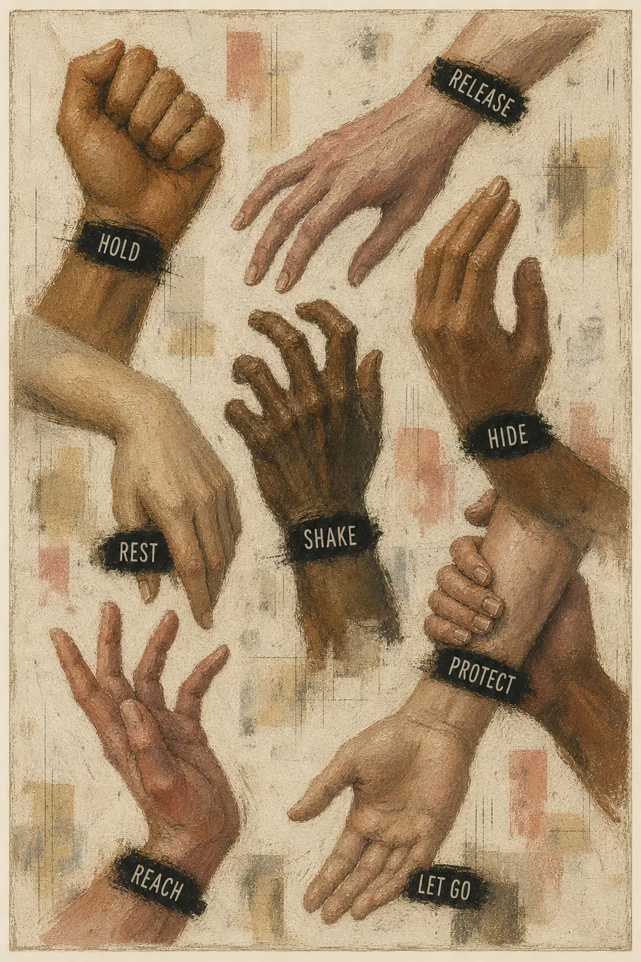 Painted hands labeled hold, release, hide, protect, reach, and let go