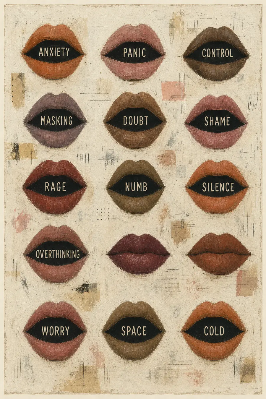 Rows of painted lips labeled with hidden mental and emotional behaviors
