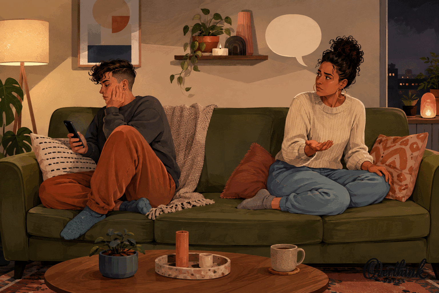 Original Overthink Press editorial illustration for We Were Both in the Room. Only One of Us Was in the Conversation.