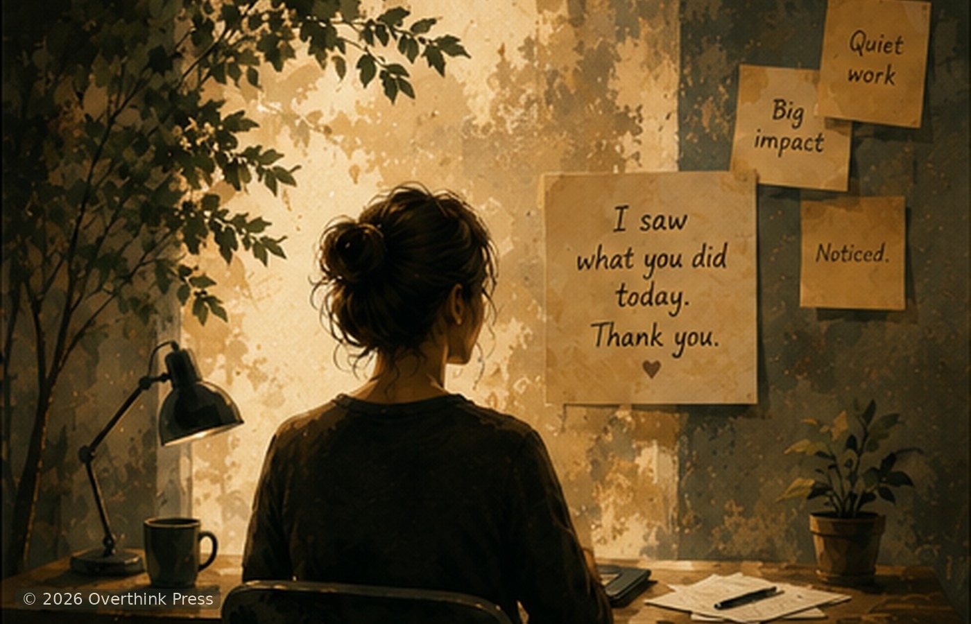 Woman reflecting at a desk in an Overthink Press editorial illustration