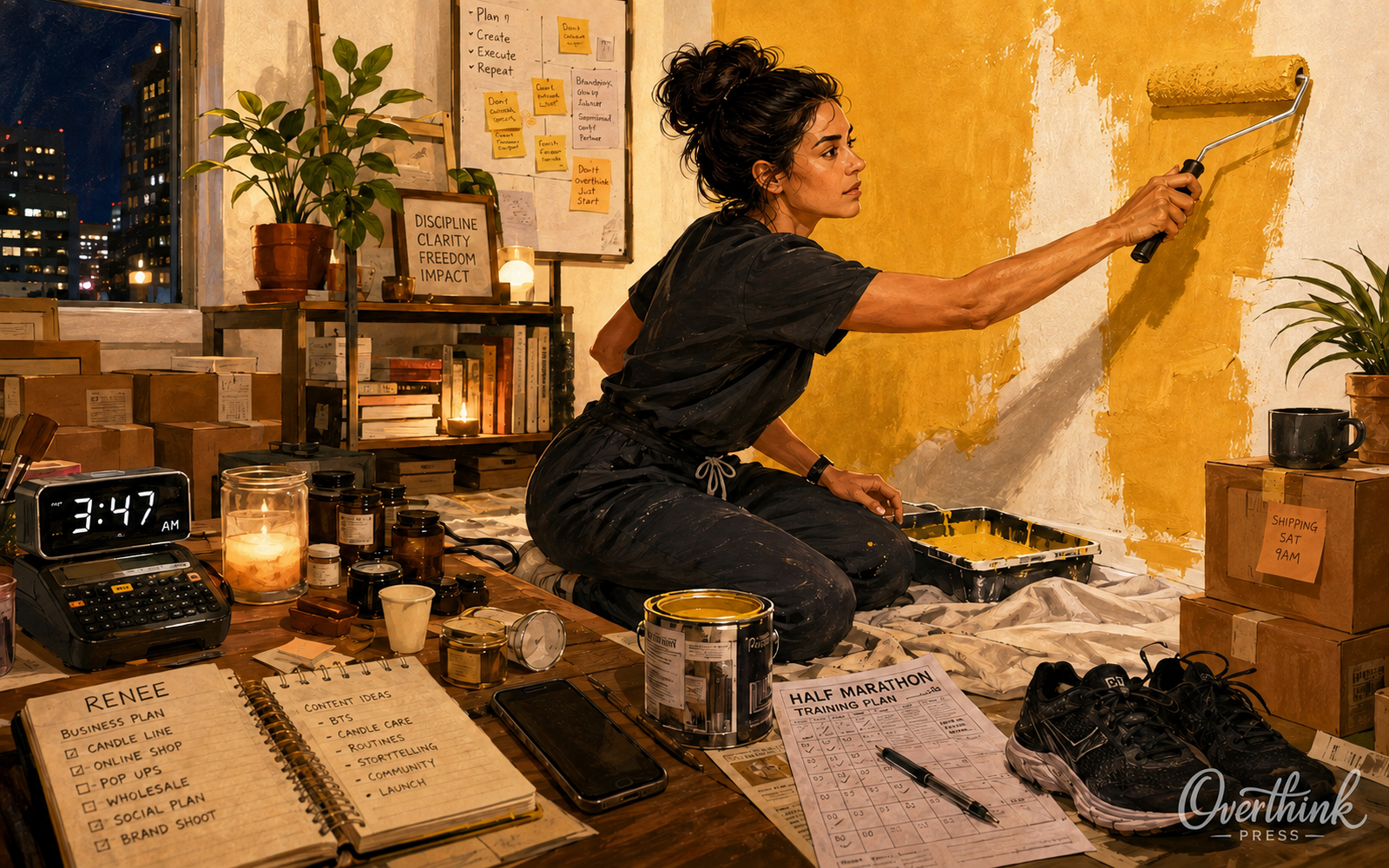A woman in dark scrubs sits surrounded by plans, notes, and a yellow Sunflower Clarity paint idea during an intense burst of energy.