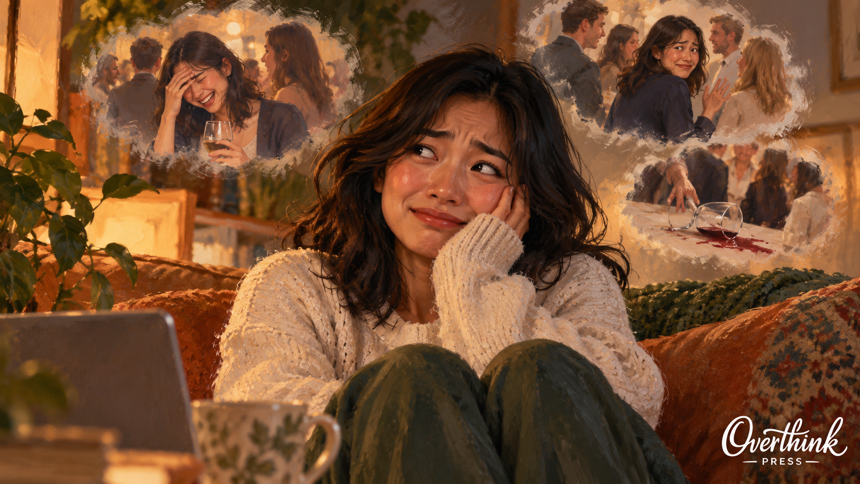 An Asian woman at home remembers several awkward social moments with a wry, embarrassed expression.