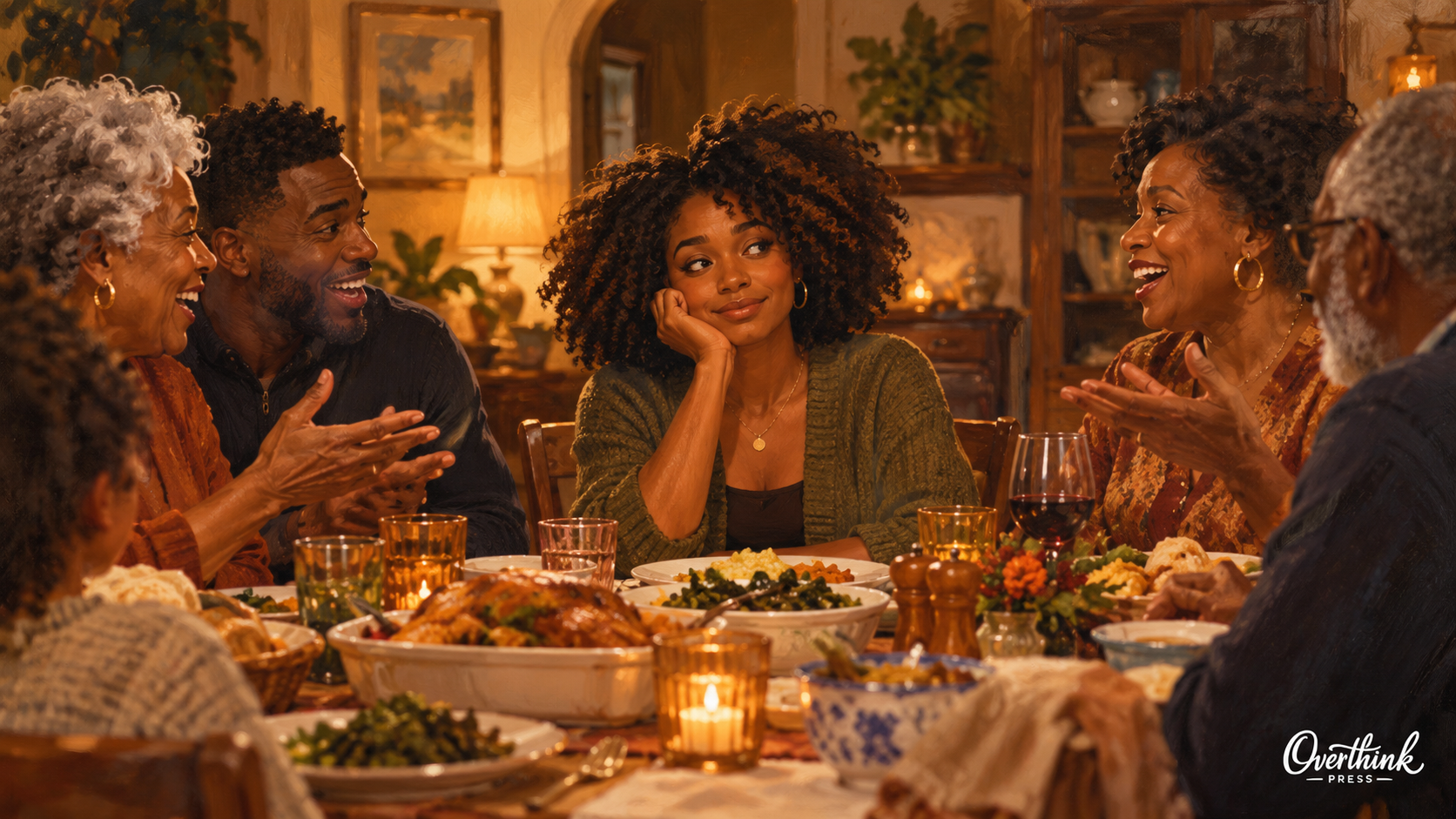A Black woman sits in the middle of a lively family dinner, amused and slightly overlooked while relatives talk around her.