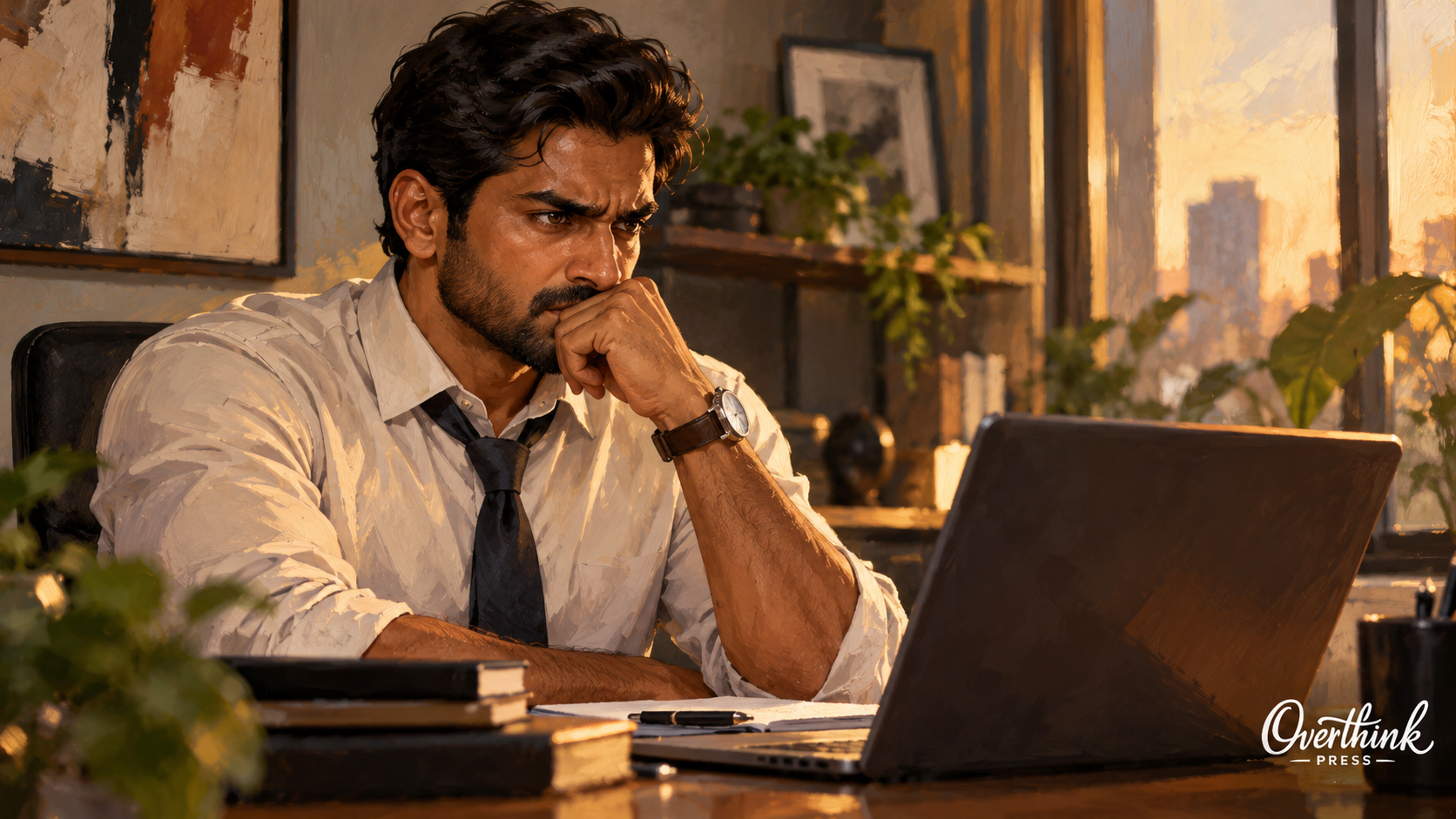 A frustrated South Asian man sits at his desk after learning that a promotion went to someone else.