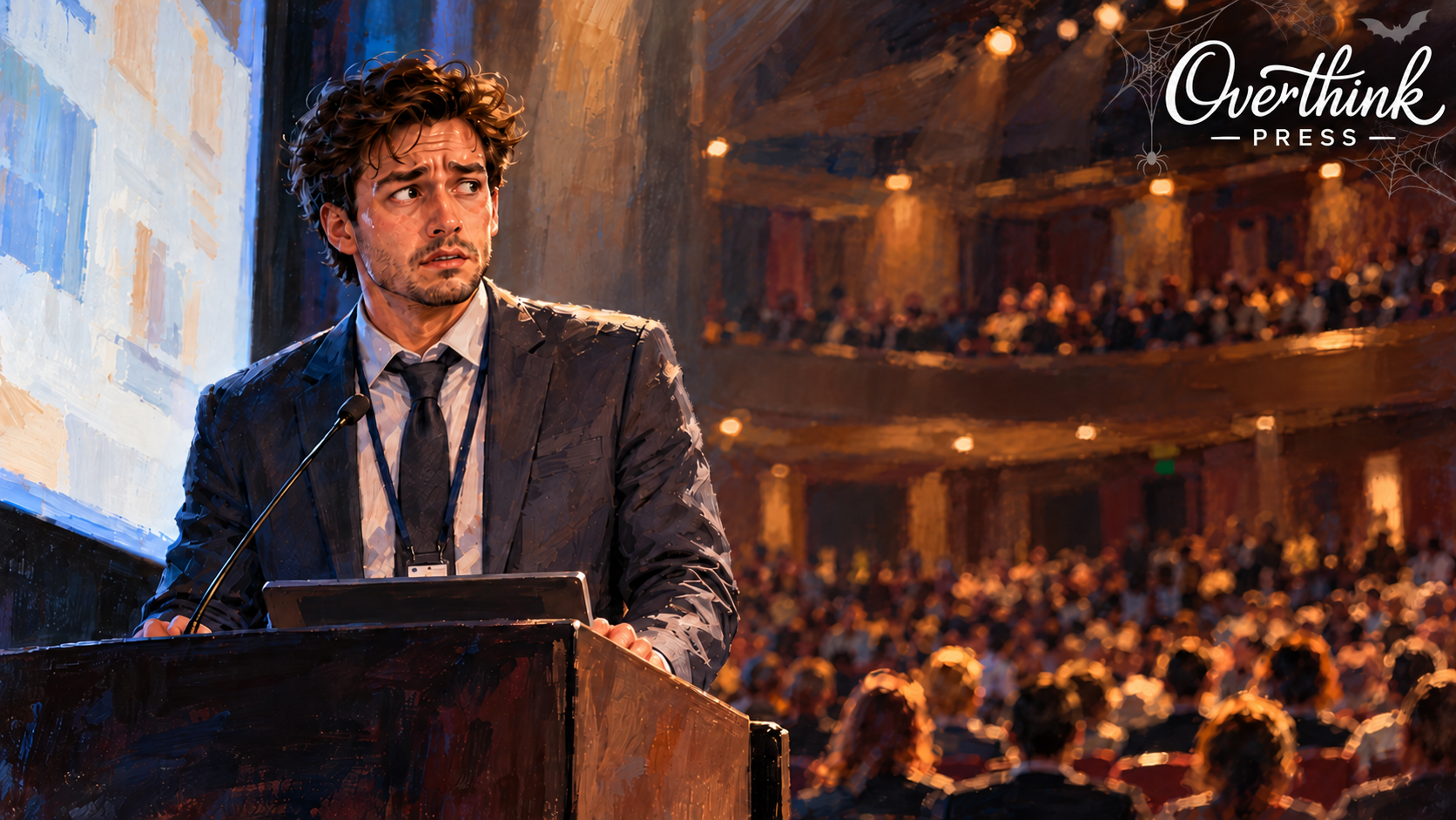 A tense man stands at a theater lectern facing a large audience, trying to look composed under stage lights.