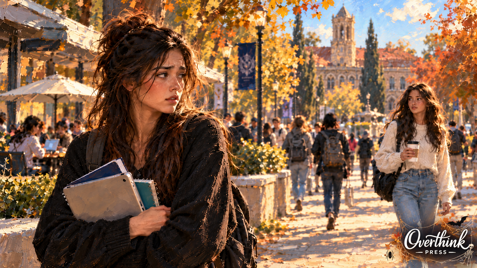 A worried college student clutches her books while noticing a former friend approaching across a bright autumn campus quad.
