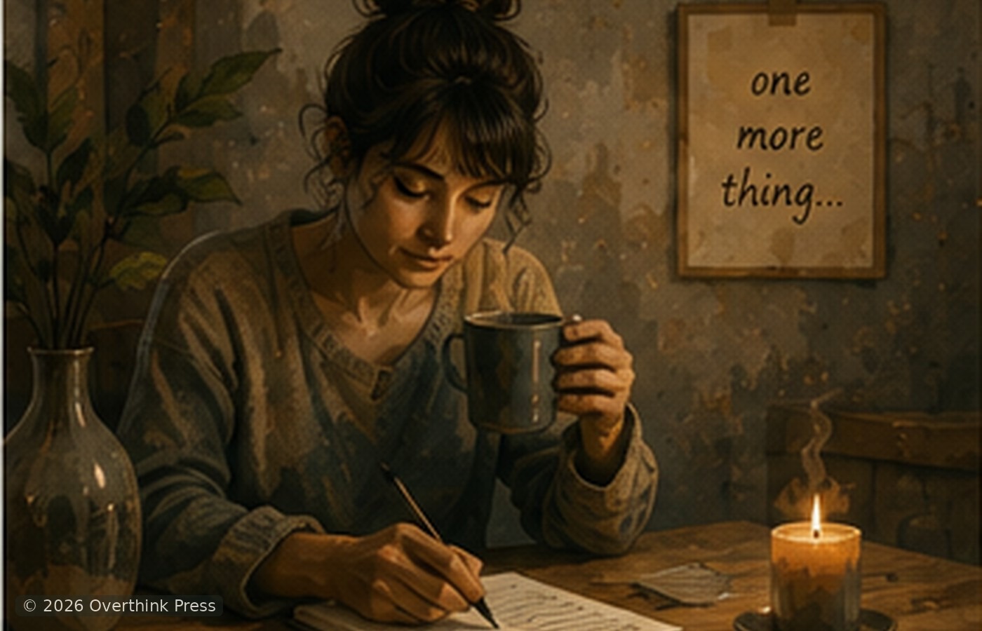 Woman pausing with a warm drink in an Overthink Press editorial illustration