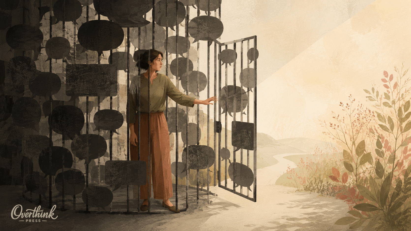 A woman inside a symbolic cage of threatening speech bubbles with a door opening toward warm light