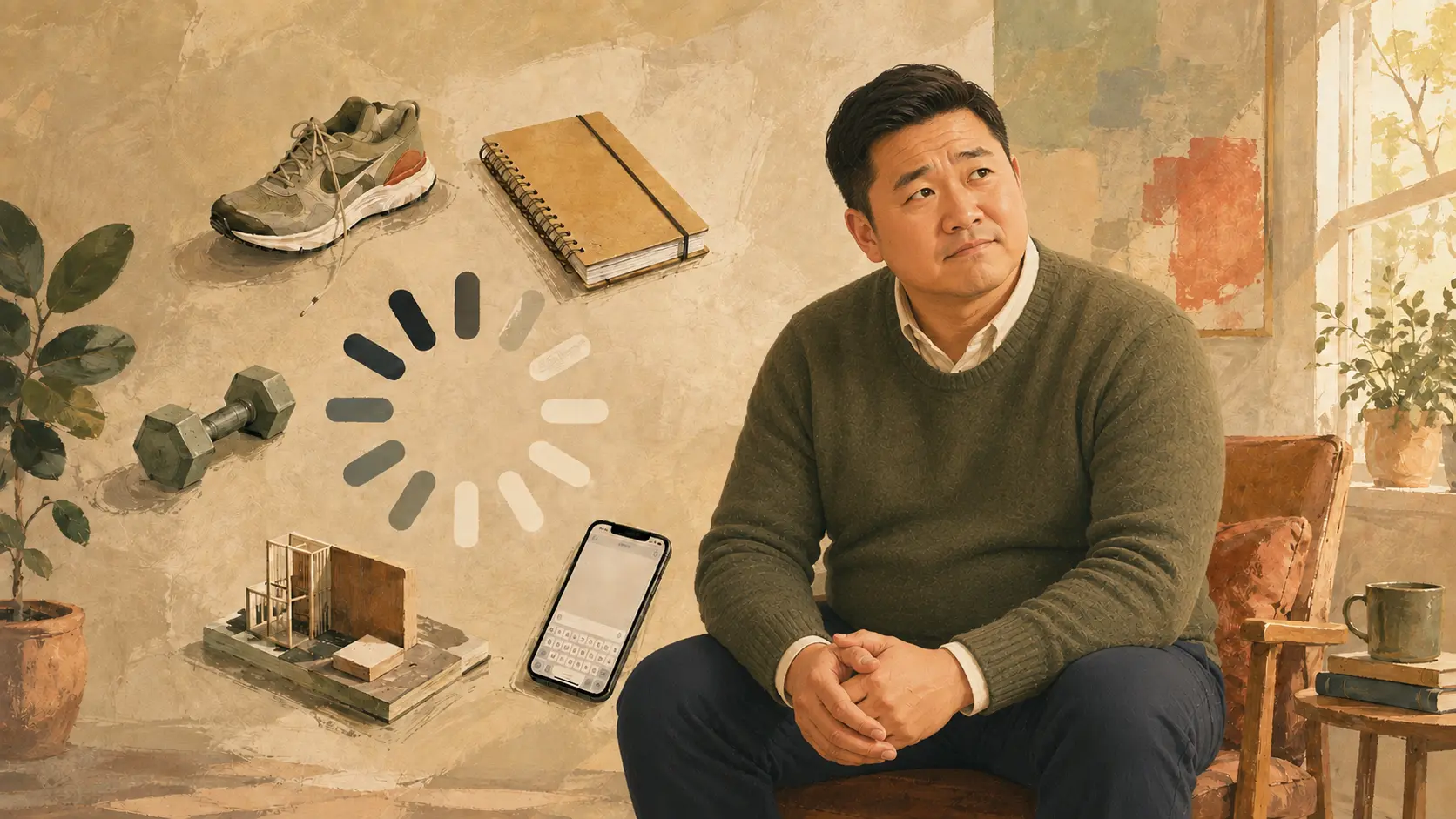 A thoughtful man in his forties man beside a loading symbol and unfinished personal goals