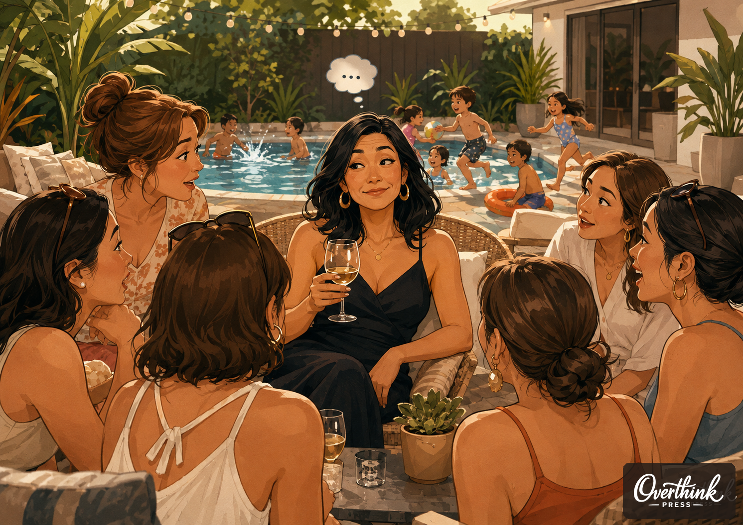 A woman holding a glass of wine sits poolside while six mothers surround her and children play in the pool behind them.