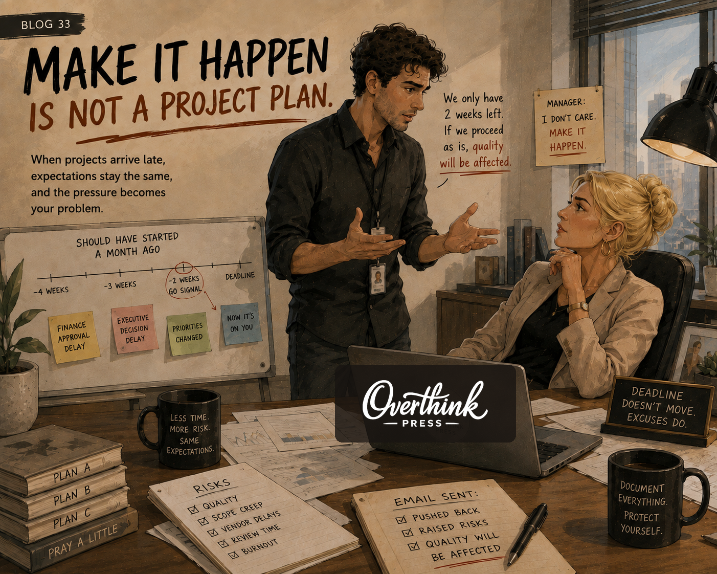 A man explains a compressed project timeline and quality risks to his blonde manager in an office.