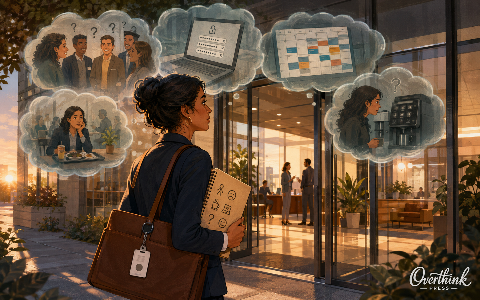 A new employee arrives at a calm office while imagining passwords, meetings, names, lunch and coffee machine problems