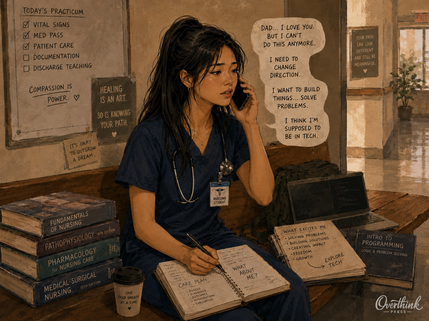 An Asian nursing student with long black hair calls her father during practicum while nursing books and technology notes surround her.