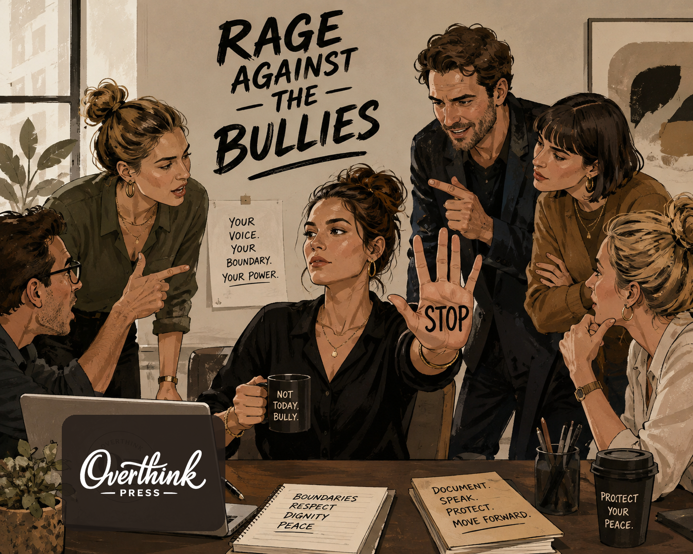 A determined woman raises her hand with the word STOP while several coworkers crowd around her in a tense office meeting.