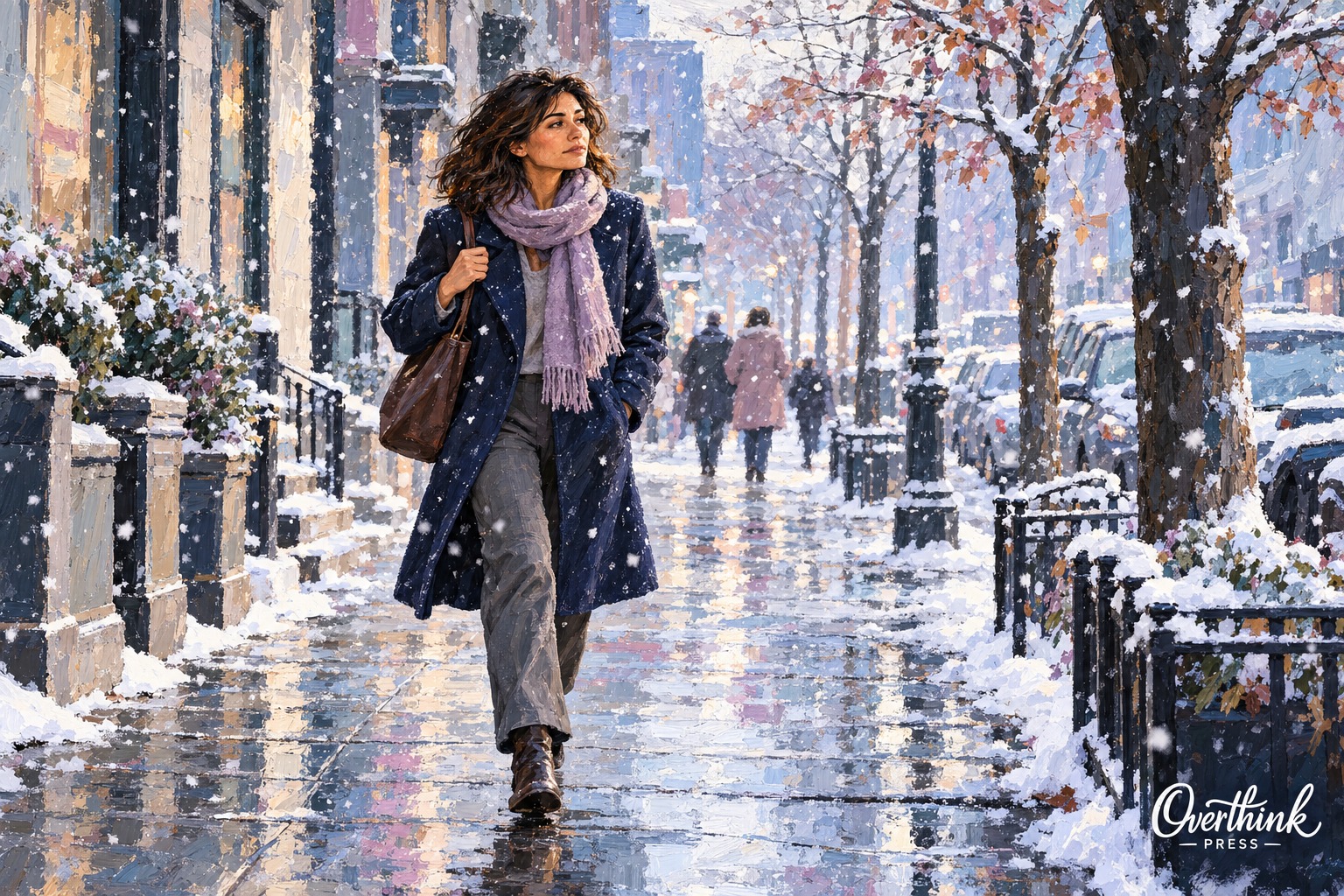 A woman in a navy coat and lilac scarf walks along a city pavement during afternoon snowfall, beneath trees with a few late autumn leaves.