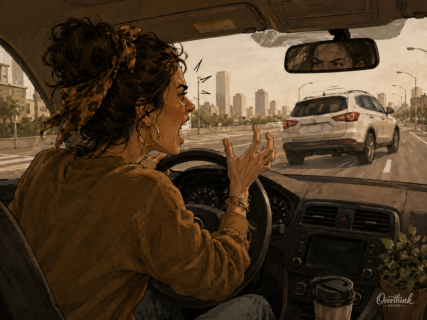 An Asian woman with long black hair reacts inside her car after another driver cuts in front of her in city traffic.