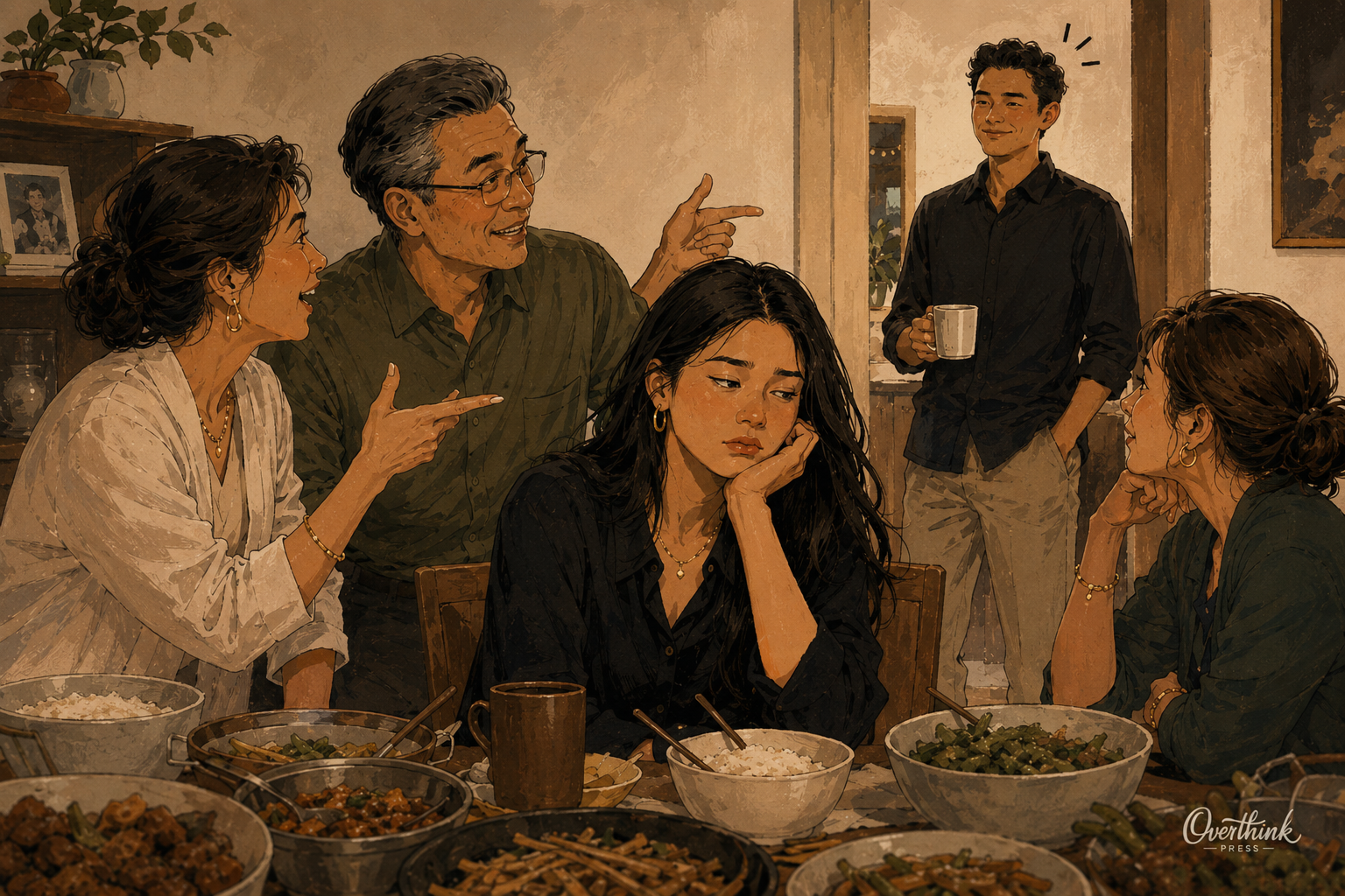 A young Asian woman with long black hair sits at a family dinner while her parents and relatives compare her with her successful brother standing nearby.