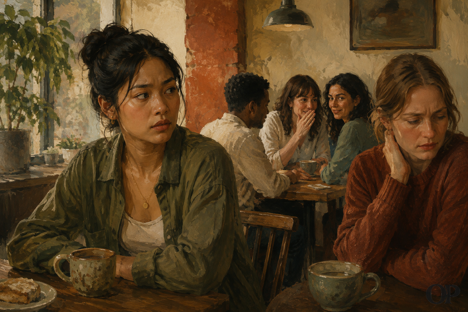 Two friends sit apart as a private secret becomes known around a café