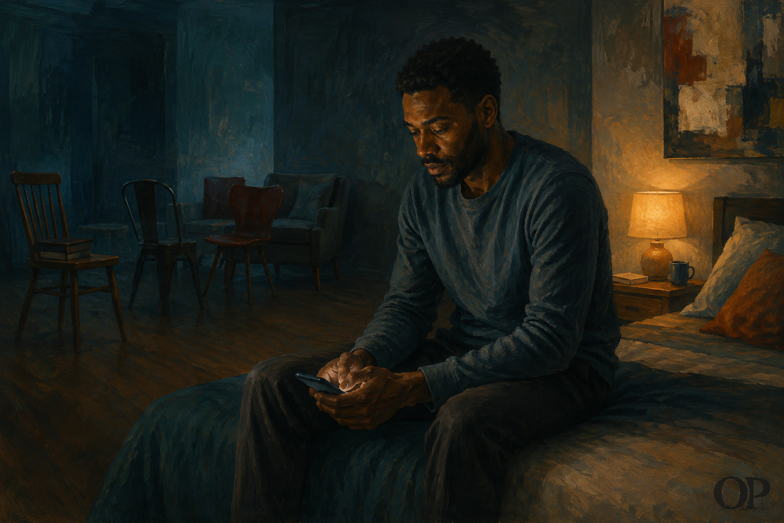 A man sits alone with his phone after asking friends for support