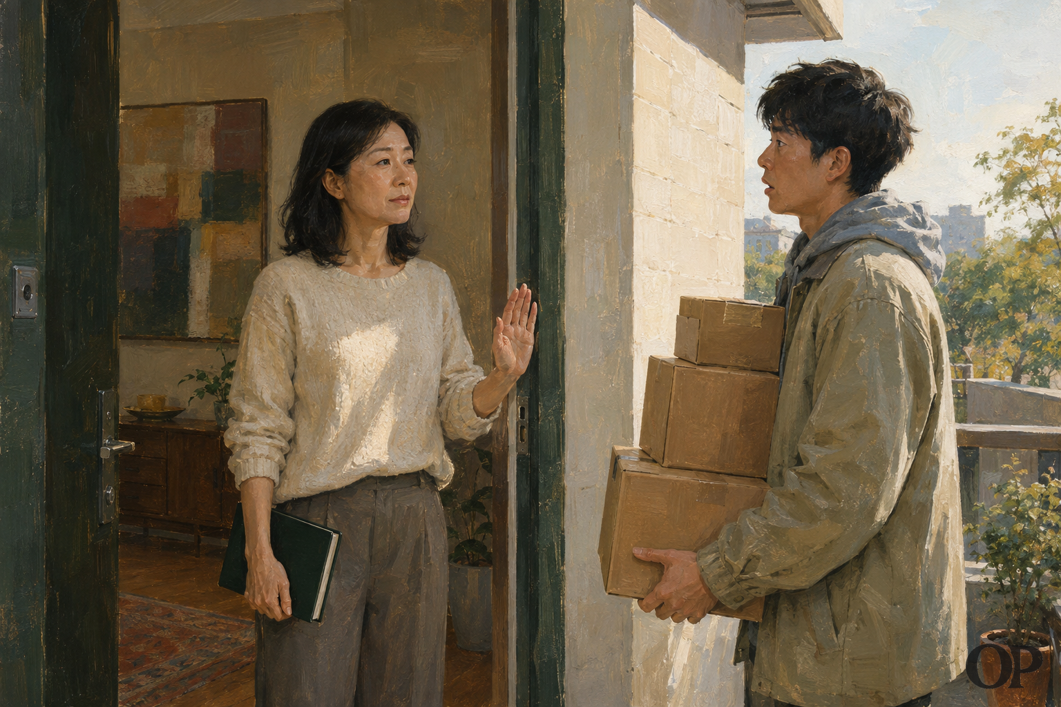 A woman calmly declines another favor at her doorway