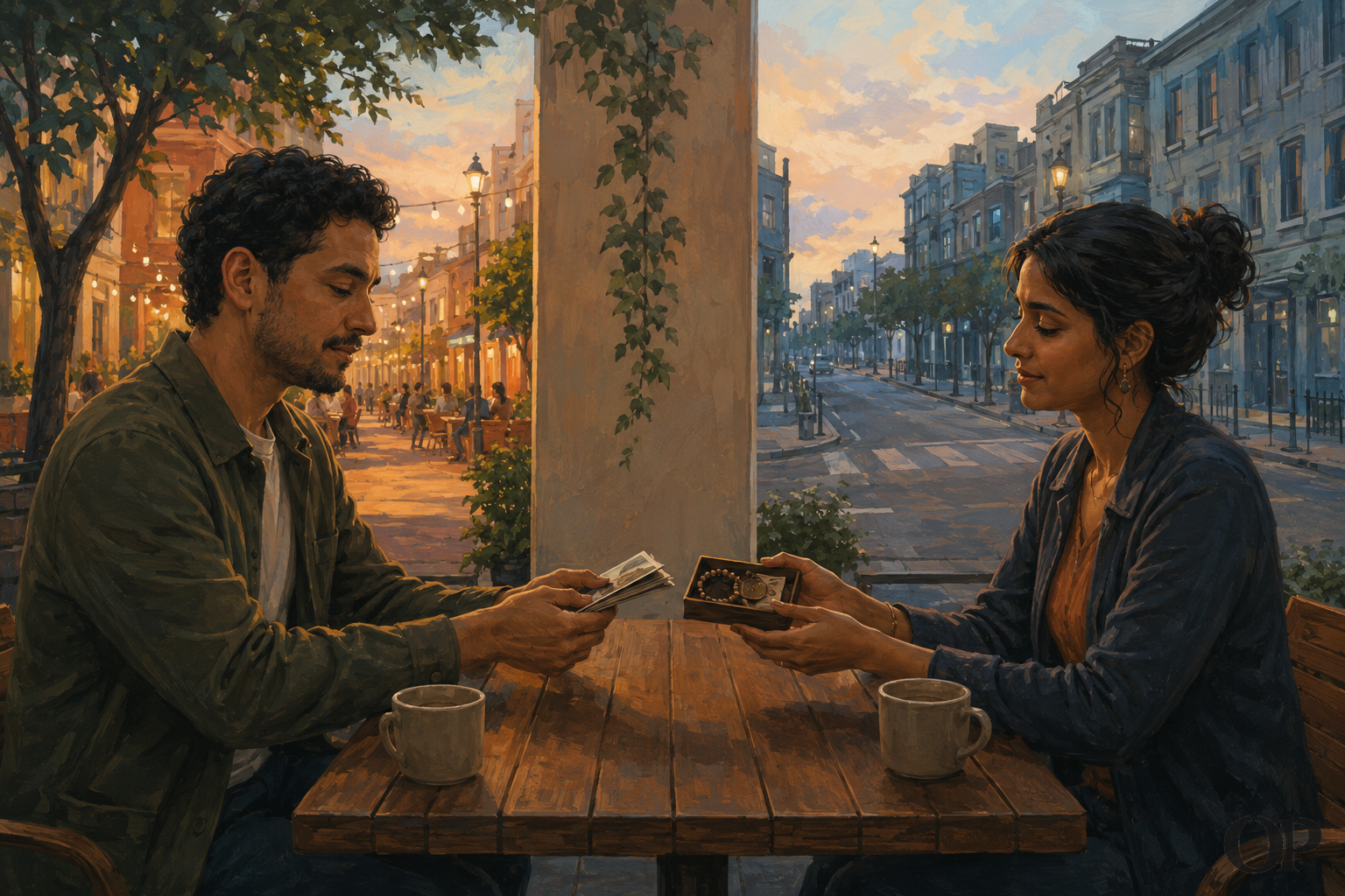 Two friends exchange keepsakes during a respectful final conversation