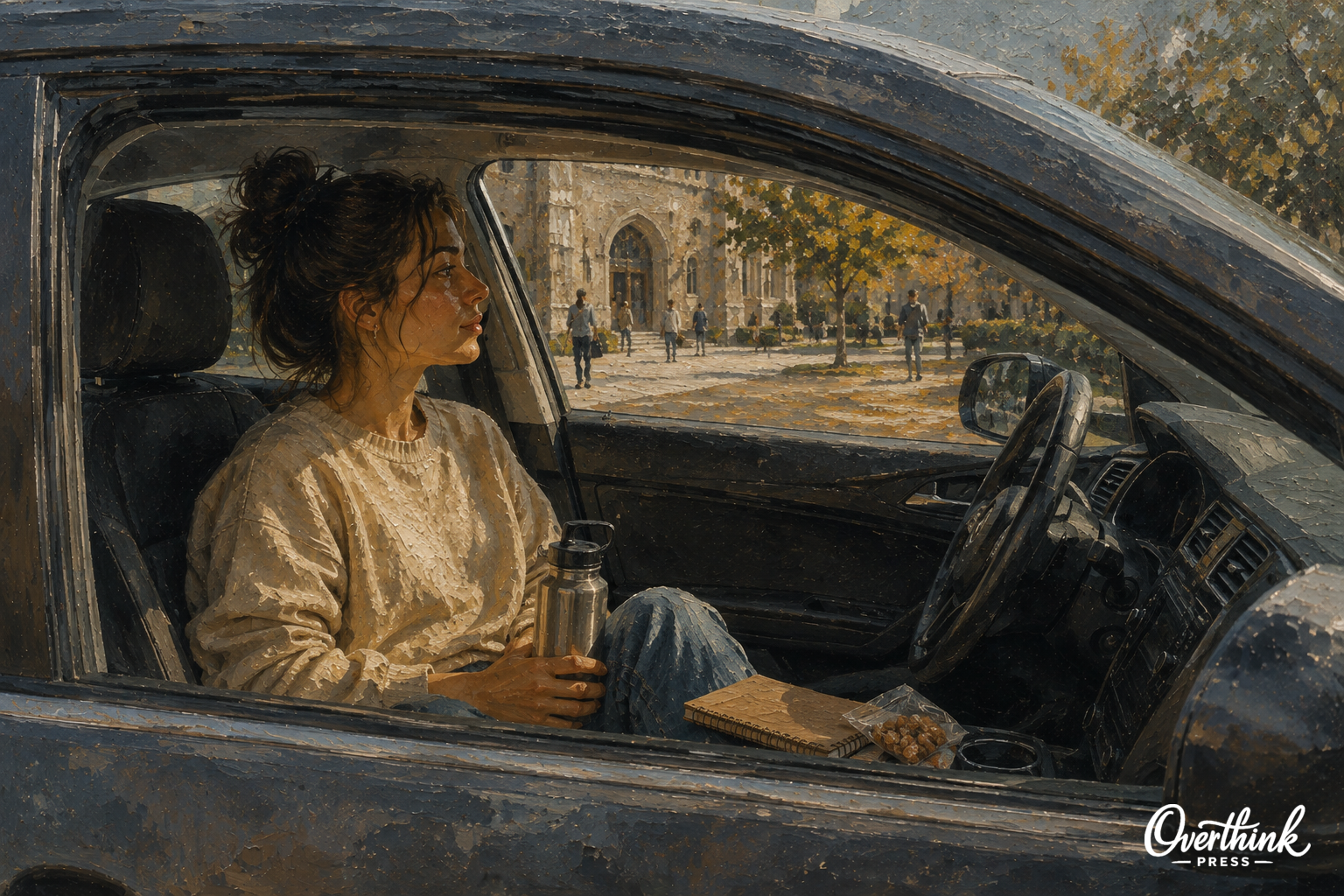 A college student rests quietly in a parked car between classes