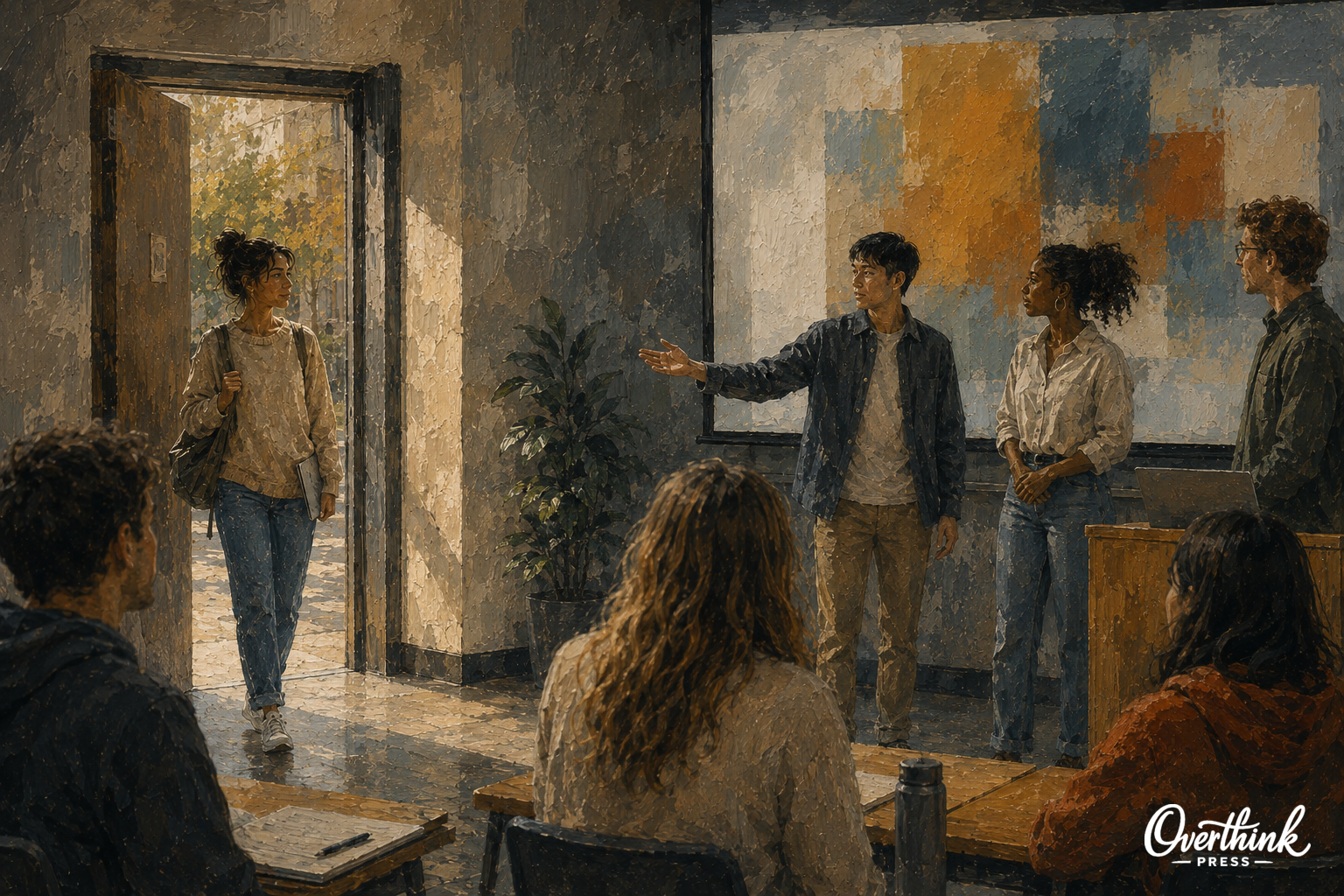 A college presentation continues while one student regains composure