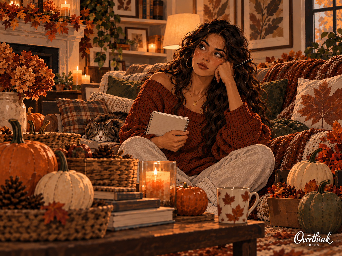 A long haired Spanish woman sits in a warmly decorated fall living room surrounded by pumpkins, candles and autumn decor.