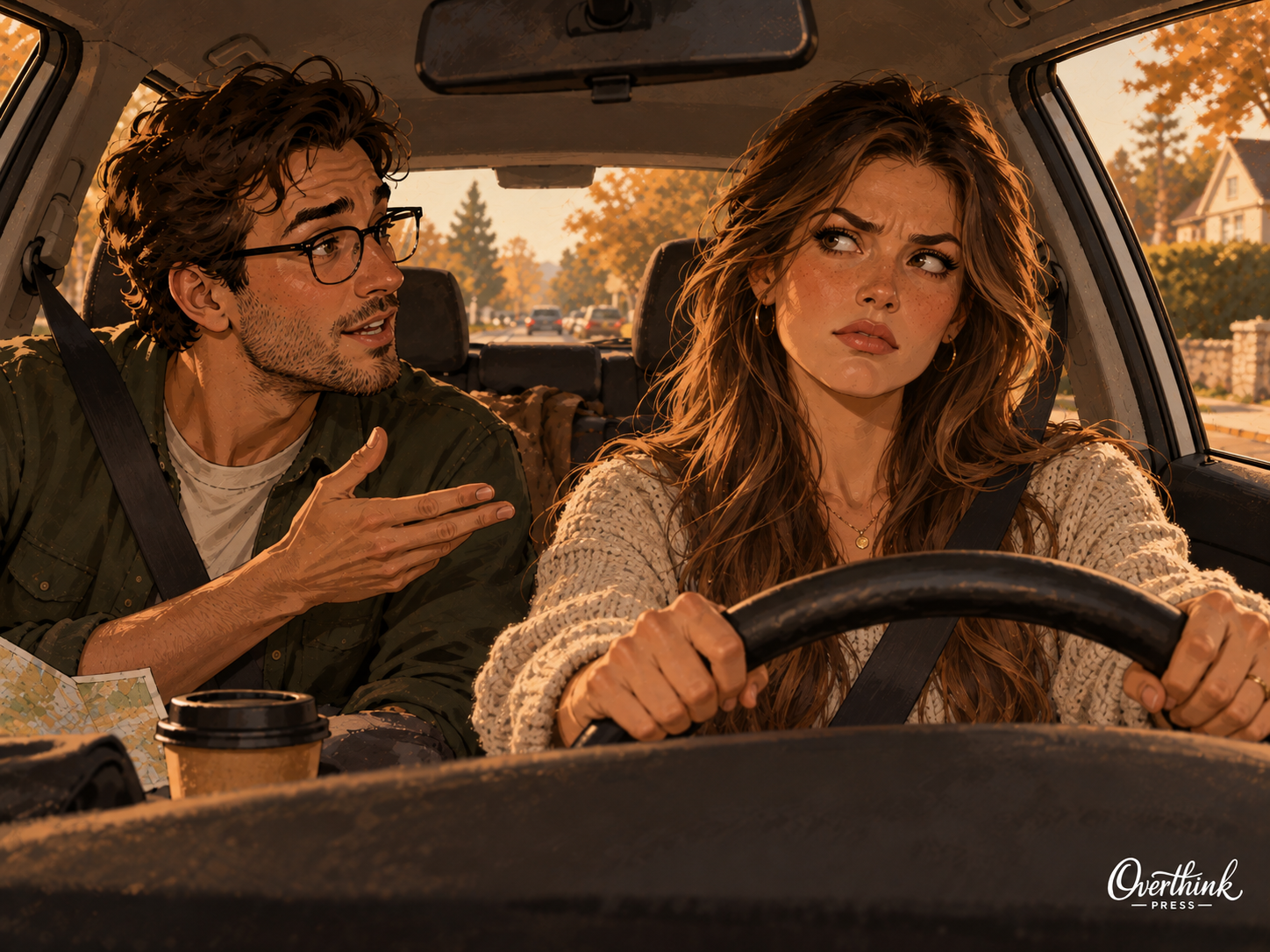 A long haired American woman drives while an animated male passenger gives directions beside her.