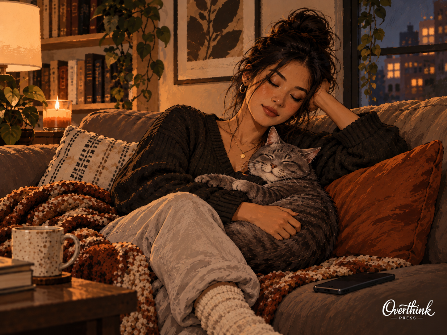 An Asian woman rests on a couch with a sleepy gray tabby cat in a warm evening room.