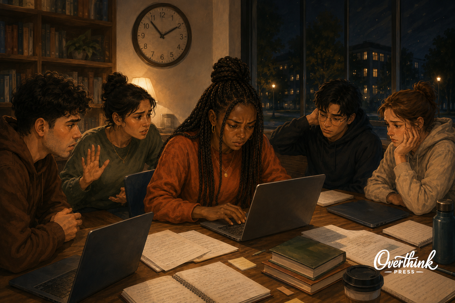 Five college students work late in a library while one frustrated student completes the missing sections of their group project.
