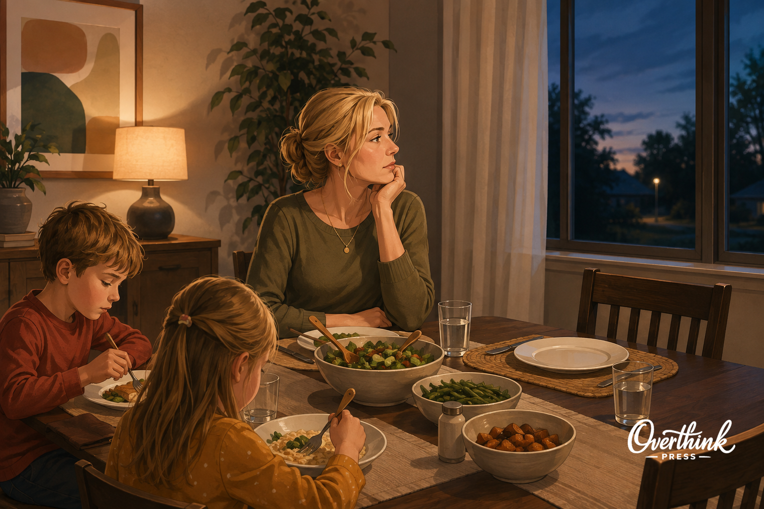 A blonde mother sits at dinner with her two children while looking anxiously through the window beside an empty place setting.