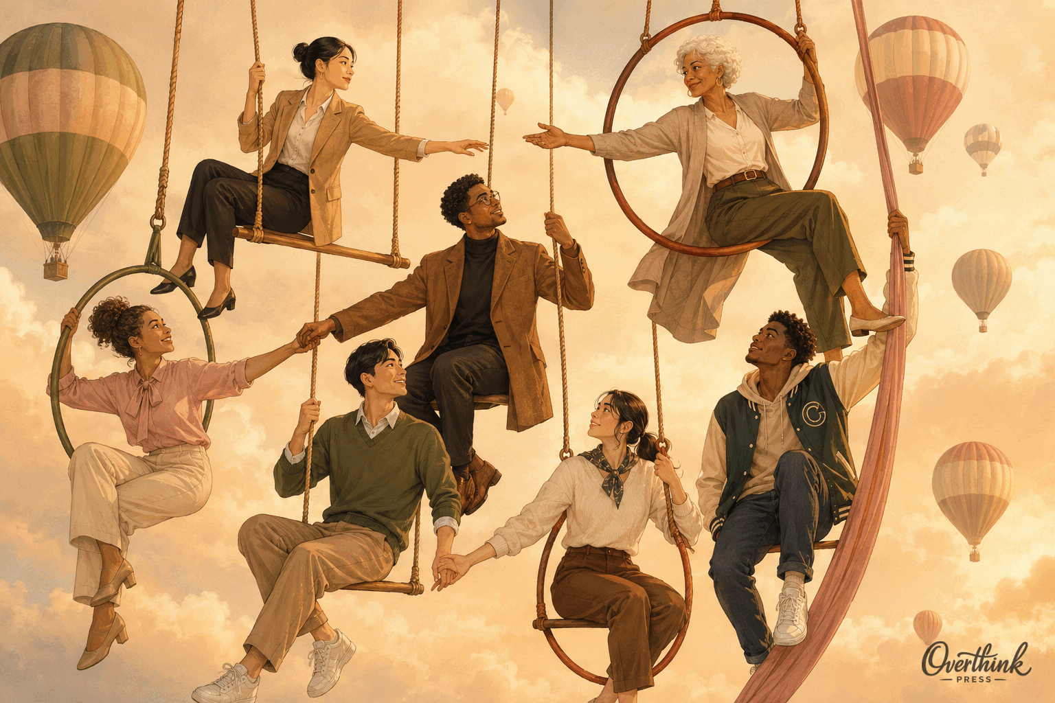 A diverse, intergenerational group balancing together among hot air balloons, including professionals, a college student, and a grandmother